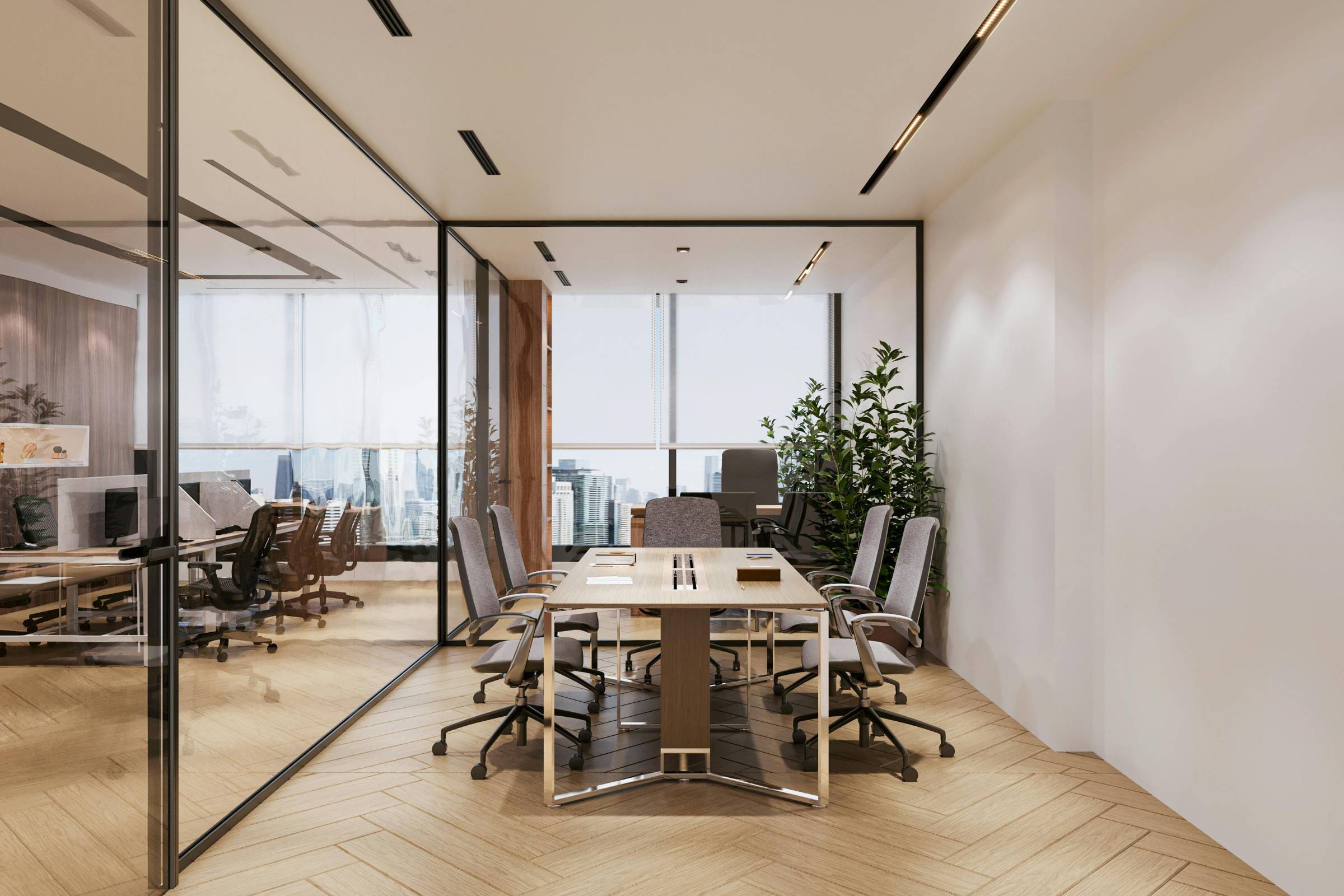 Modern conference room with six chairs around a table, glass wall, wooden floor, large windows, and indoor plants. Cityscape visible through the windows highlights the fresh look from recent New Construction Painting services.