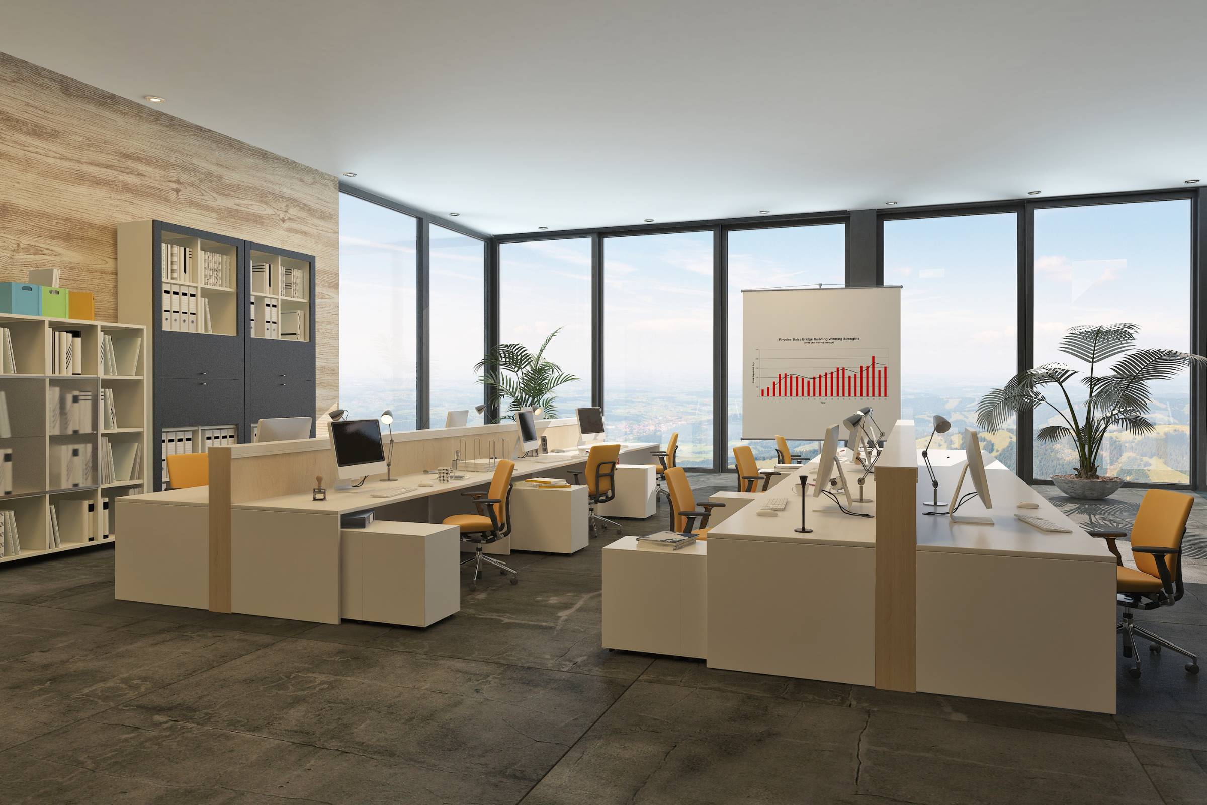 Modern open-plan office with desks, computers, yellow chairs, shelving units, large windows, potted plants, and a presentation screen displaying a bar graph—featuring fresh New Construction Painting for a polished look.