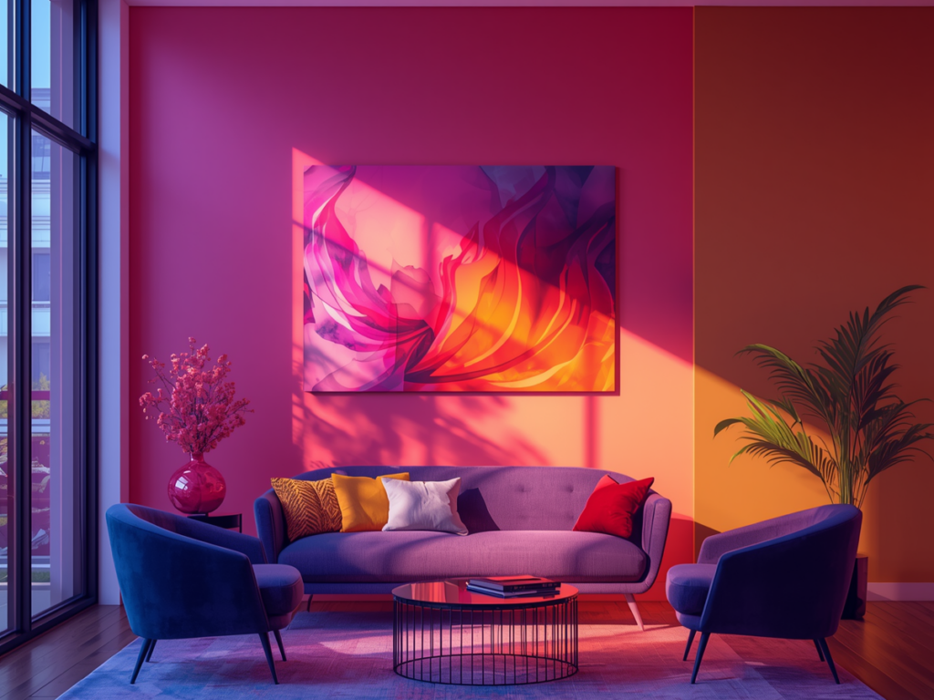 A modern living room with pink and orange paint color on the walls features a purple sofa, two blue chairs, colorful pillows, a large abstract painting, a plant, and a vase with flowers—perfect inspiration to choose for your home.