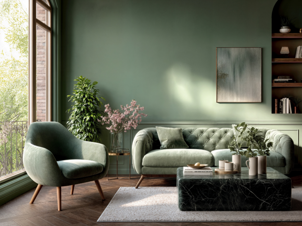 A living room with green walls—choose the perfect paint color to bring home to life. Featuring a green armchair, tufted sofa, marble coffee table, plants, bookshelves, a cozy rug, and a window inviting natural light.