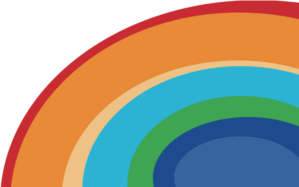 A series of overlapping, semi-circular arcs in red, orange, yellow, light blue, green, and dark blue on a white background.