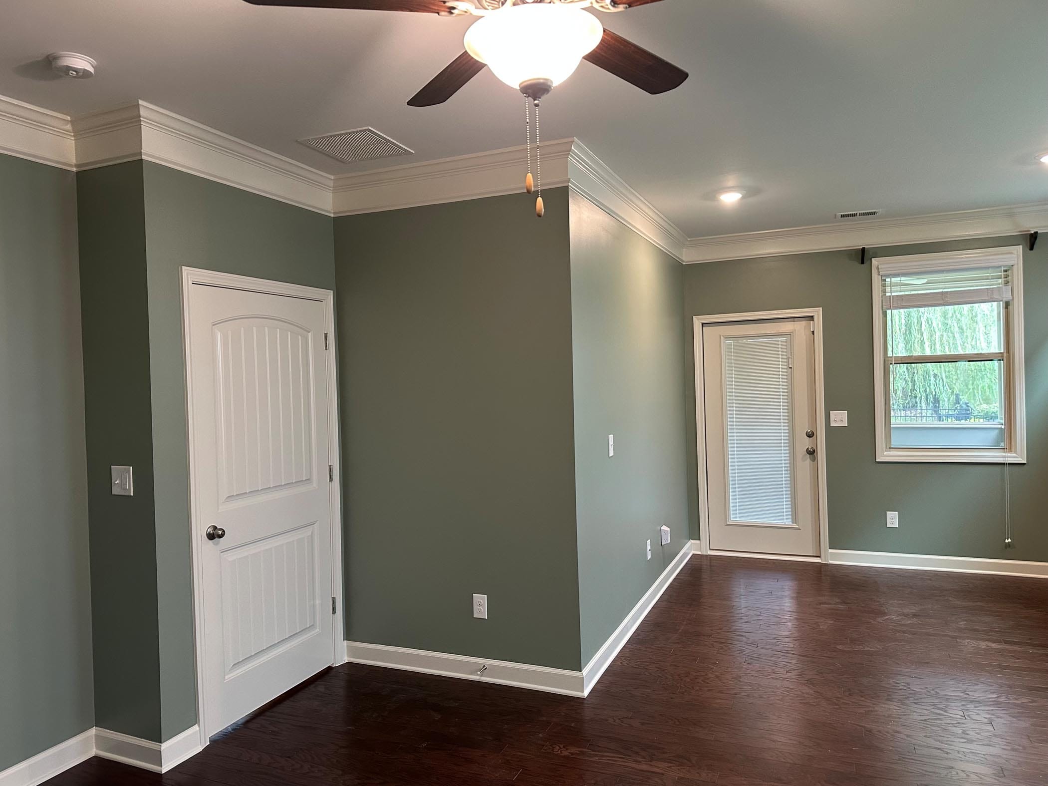 Room with green walls, white trim, dark wood floor, ceiling fan, white door, window, and glass door leading outside. Recessed lighting and natural light are present.
