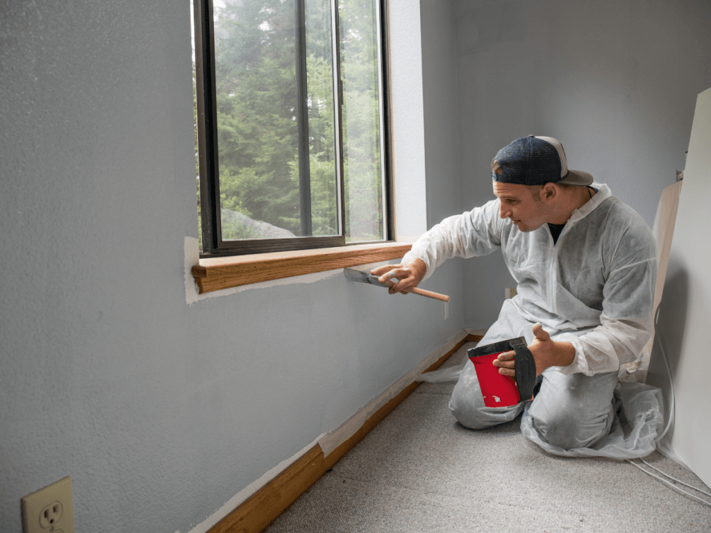 Person in coveralls kneels by a window, painting a wall with light blue paint using a brush and paint tray, bringing a fresh touch to the space as part of their seasonal painting project.